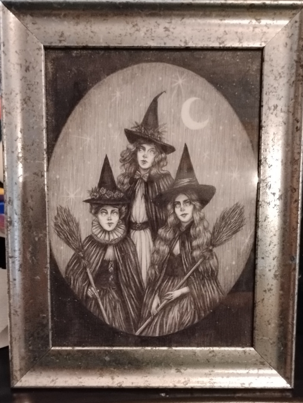 Vintage-Style Witch Trio Artwork 5" x 7" in Lightweight Silver Standing Frame